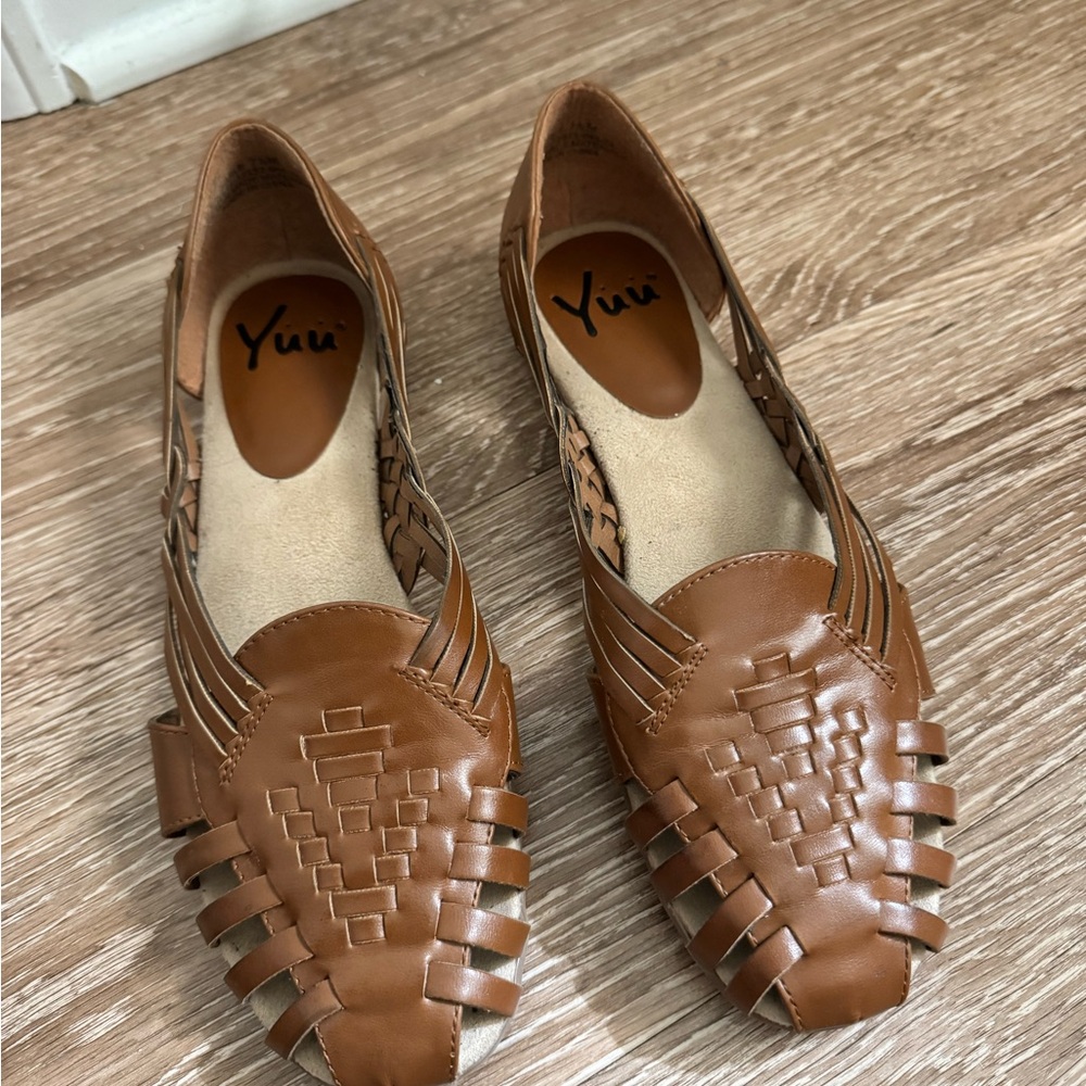 Yuu Brown Woven Vegan Leather Huarache Slip-Ons